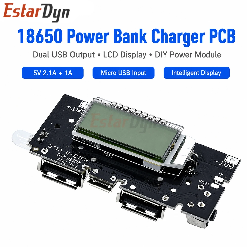 Estardyn Dual USB 5V 1A/2.1A 18650 Battery Power Bank Charging Module PCB Board with LED Indicator for Phone DIY