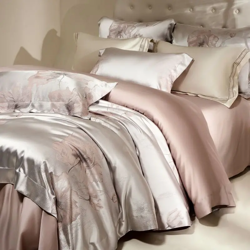 Flower Jacquard Color Blocking Luxury Bedding Set Lyocell Cotton Soft Silky Duvet Cover Flat/Fitted Bed Sheet Pillowcases 4Pcs