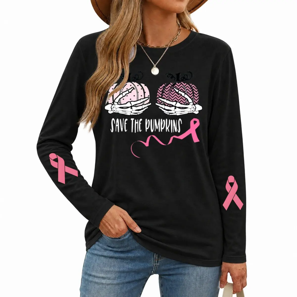 Breast Cancer Shirts For Women Save The Pumpkins Vintage Halloween Tshirts