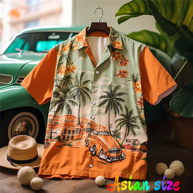 Men's Beach Palm Car Print Hawaiian Shirts Short Sleeve Vintage Summer Blouses Casual Short Sleeve Loose Breath Men Women Camisa