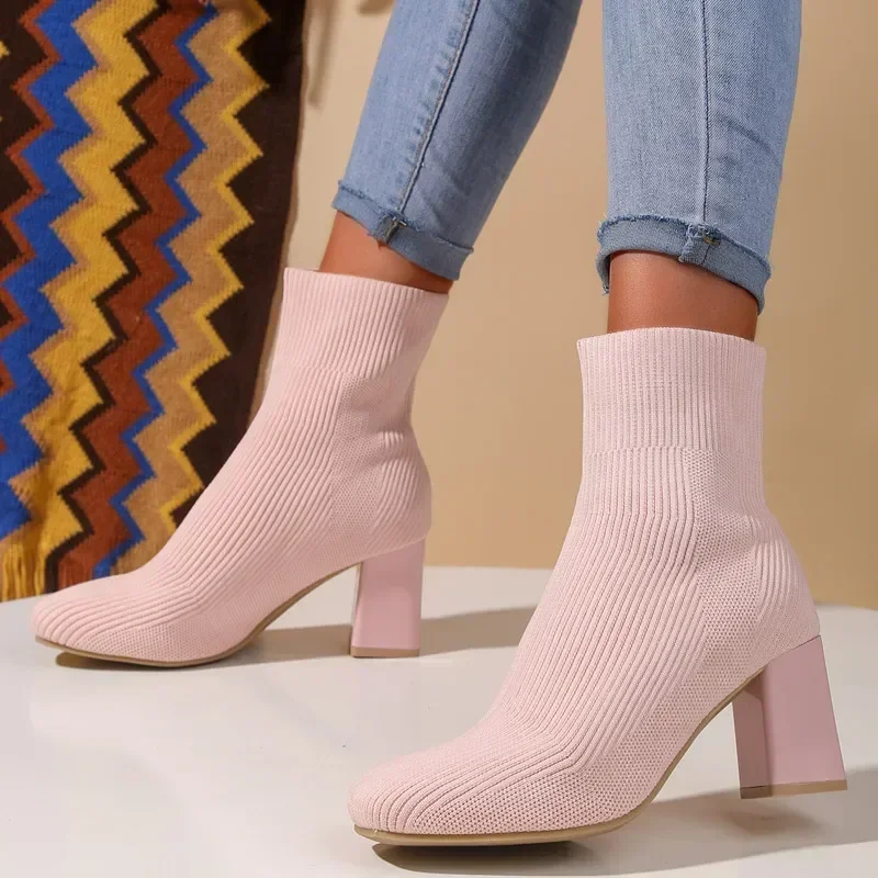 Spring Sock Boots Autumn Shoes Woman Casual Solid Color Slip-on Ankle Boots Fashion Round Toe Party Shoes Square Heel High Heels