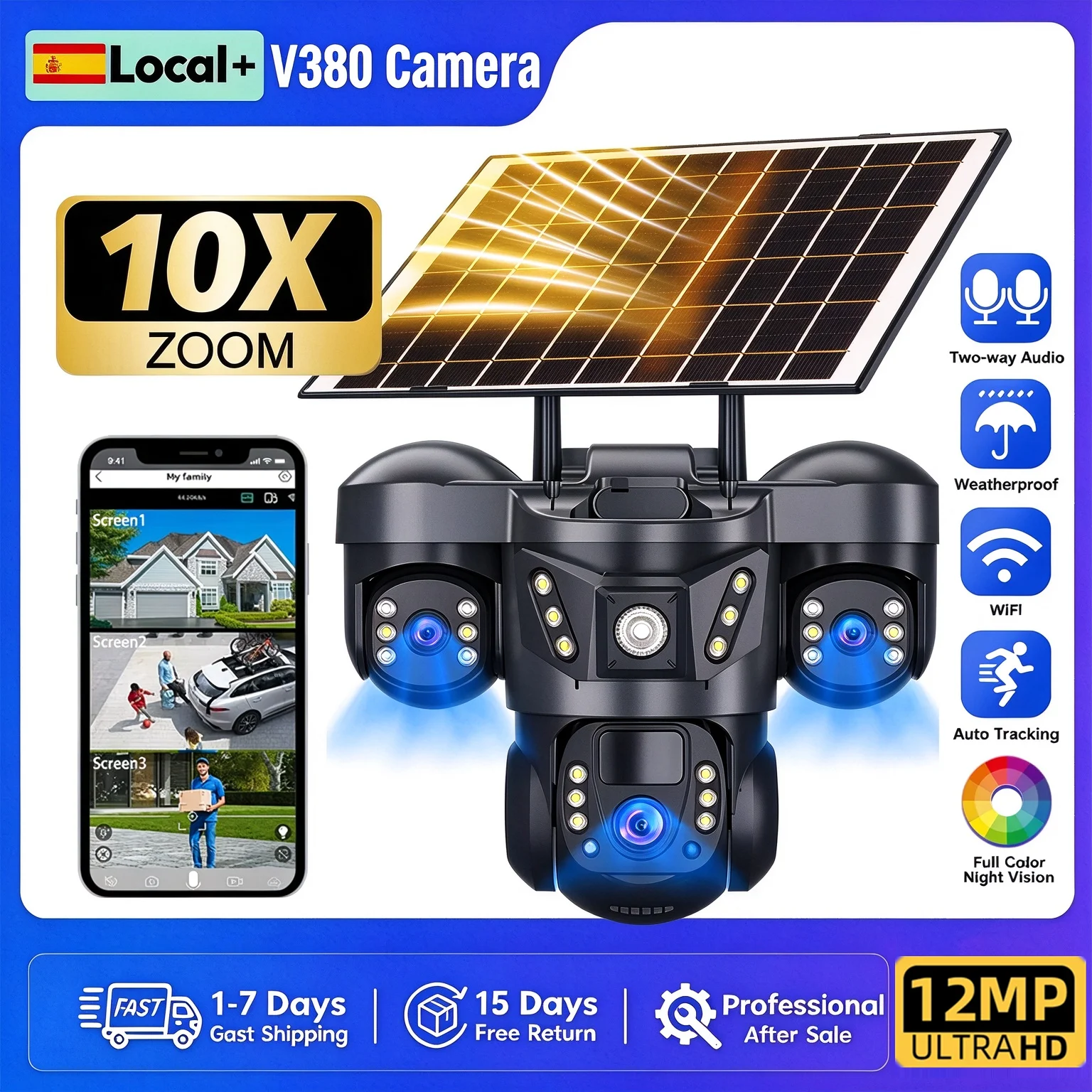 Cámara de seguridad solar WiFi V380 Pro, 12MP, con triple lente, triple pantalla, para exteriores, IP66, resistente al agua, batería
