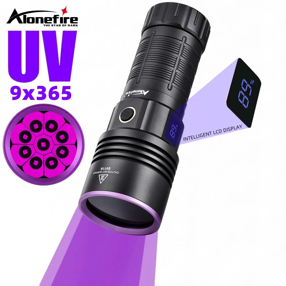 LCD High Power 9x365nm UV LED Flashlight Charging Blacklight Curing CatDog Urine Stain Tinea Marker Ore Money Scorpion Lamp