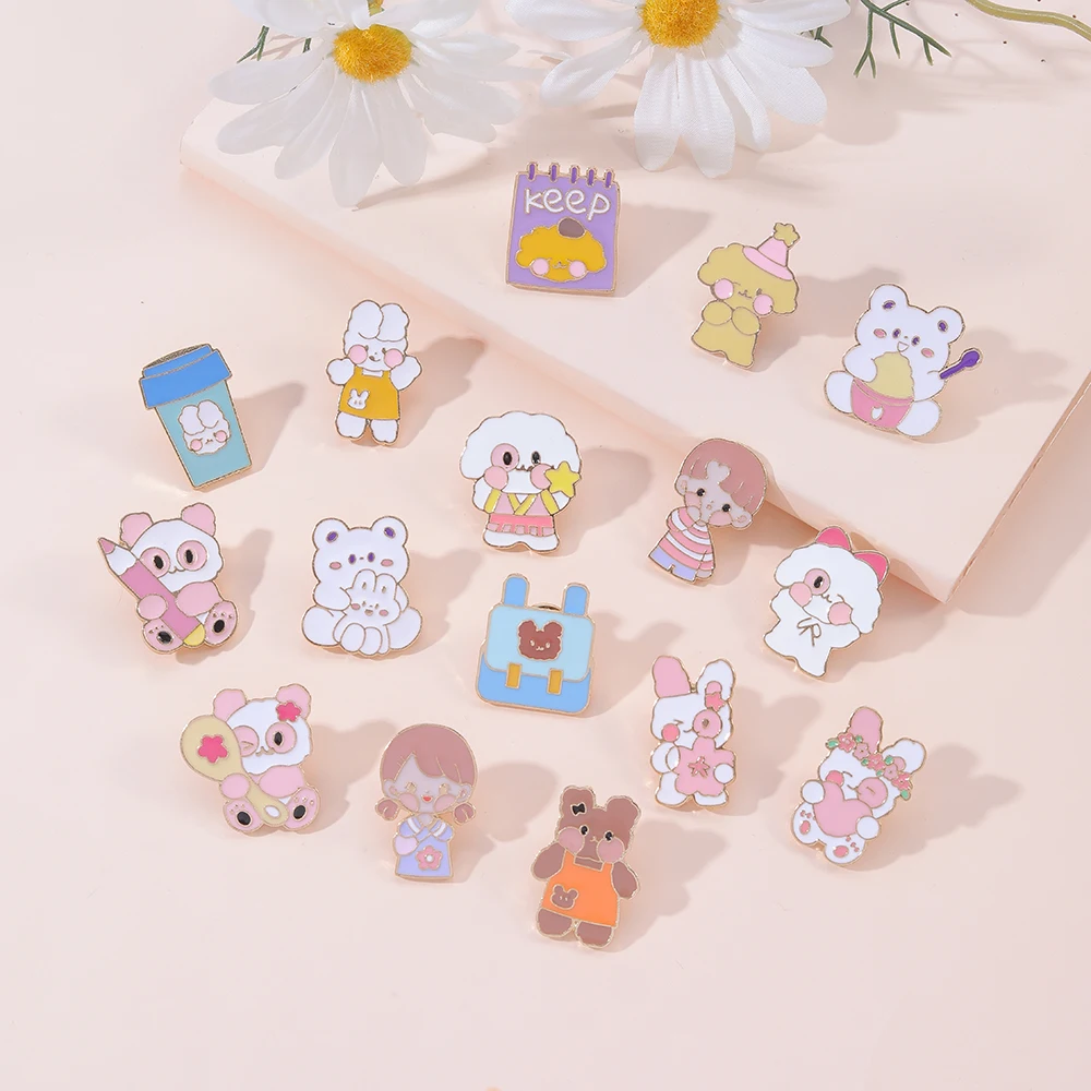 2Pcs/Set Cartoon Cute Animal Couple Golden Pins Dog Cat Bear Rabbit Bunny Sheep Warm Hues Enamel Brooches