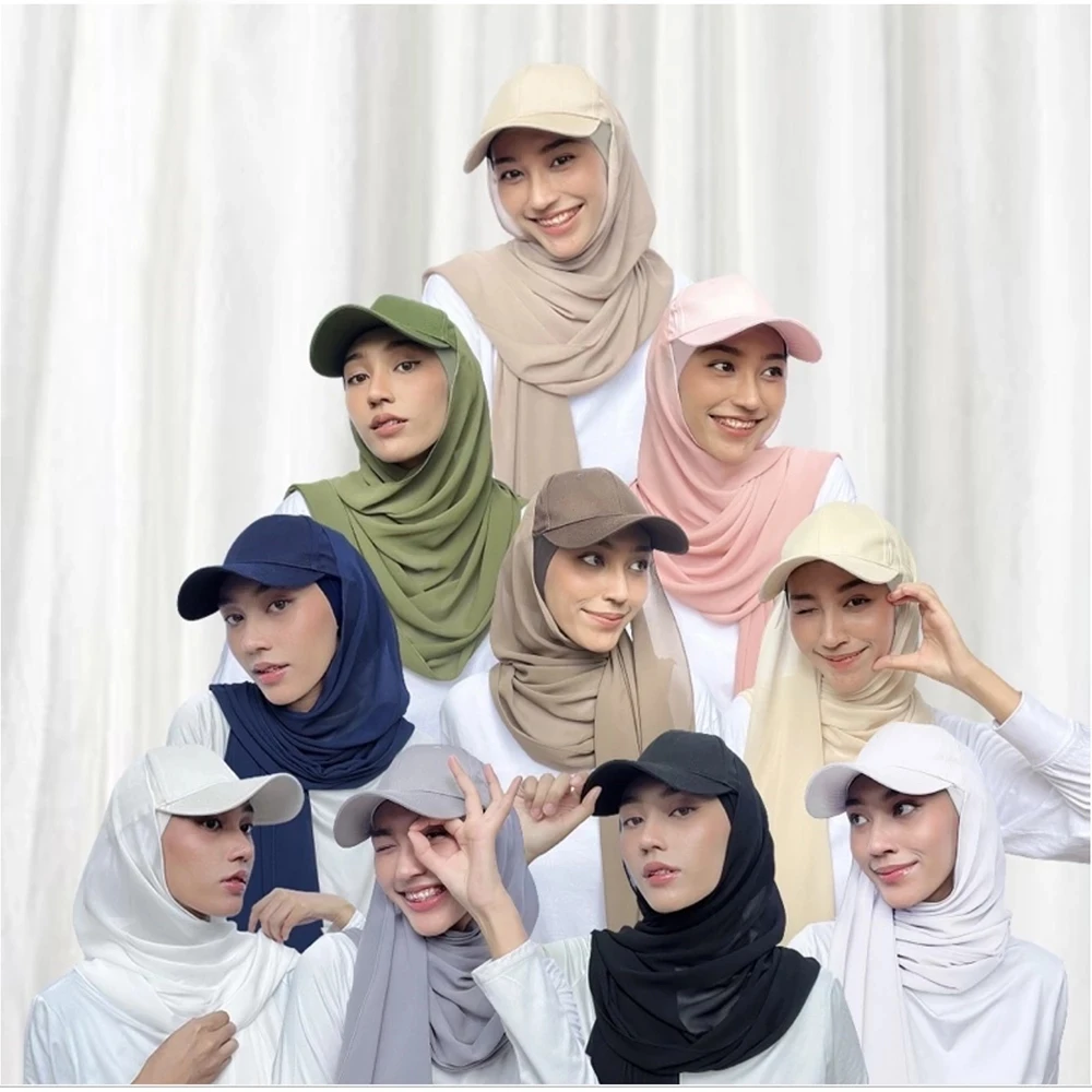 Musilm Women Chiffon Hijab With Base Ball Cap Summer Sports Cap With Chiffon HIjabs Ready To Wear Instant Chiffon Sport HIjabs