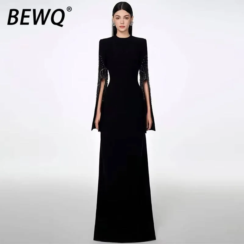 

Модное женское элегантное платье BEWQ с круглым вырезом, длинными рукавами с разрезом, однотонное, с завышенной талией, для вечеринок, весна 2026, новинка