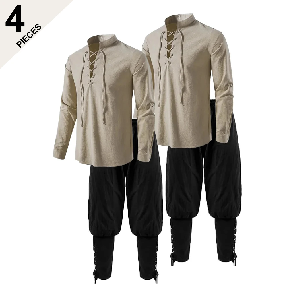 

4Pcs Men's Medieval Costume Cozy Set Cotton Linen Vintage Pirate Shirts Renaissance Halloween Cosplay Lace-up Design Clothing