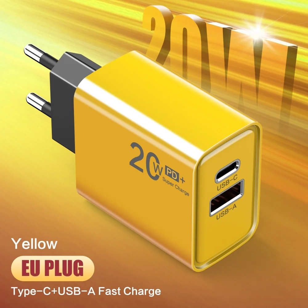 20W PD Fast Charger EU/US USB C USB A Dual Port Wall Charger for iPhone 15/14 Samsung Xiaomi Huawei QC3.0 Travel Phone Charger