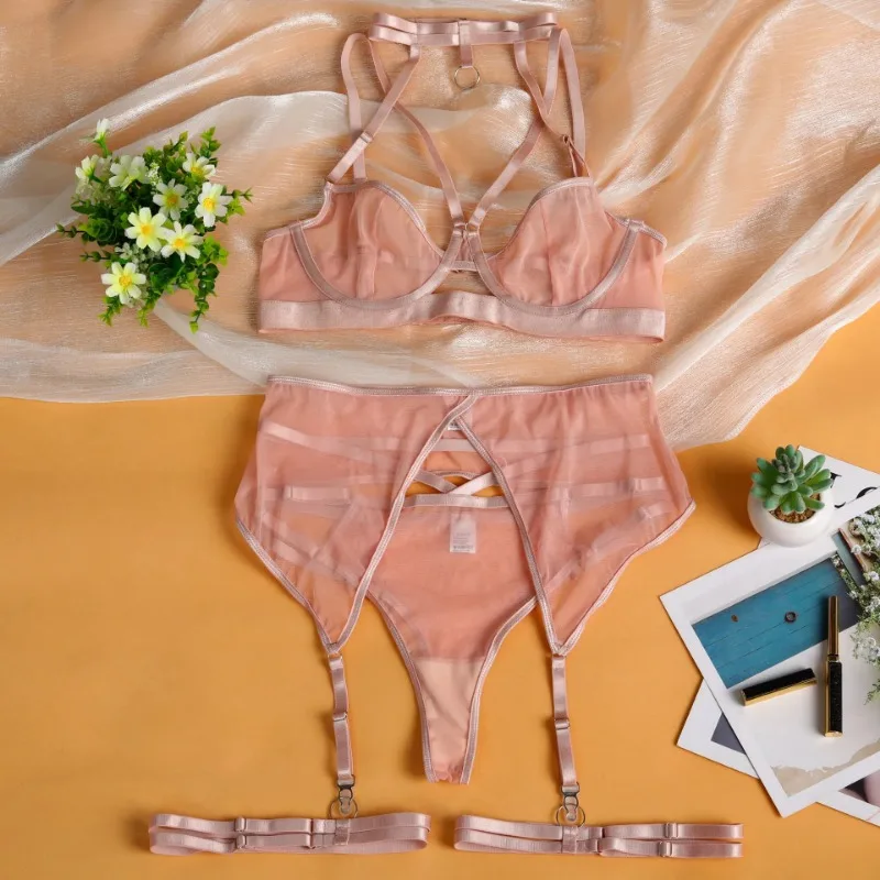 Conjunto de lingerie boudoir de noiva pushup sutiã tule renda guarnição liga cinto suspensórios kit sedutor para mulher