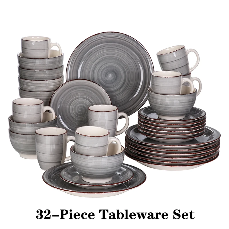 vancasso 16/32-delige porseleinen dinerset grijs vintage keramiek servies set met 4 stuks dinerbord/dessertbord/kom/mok
