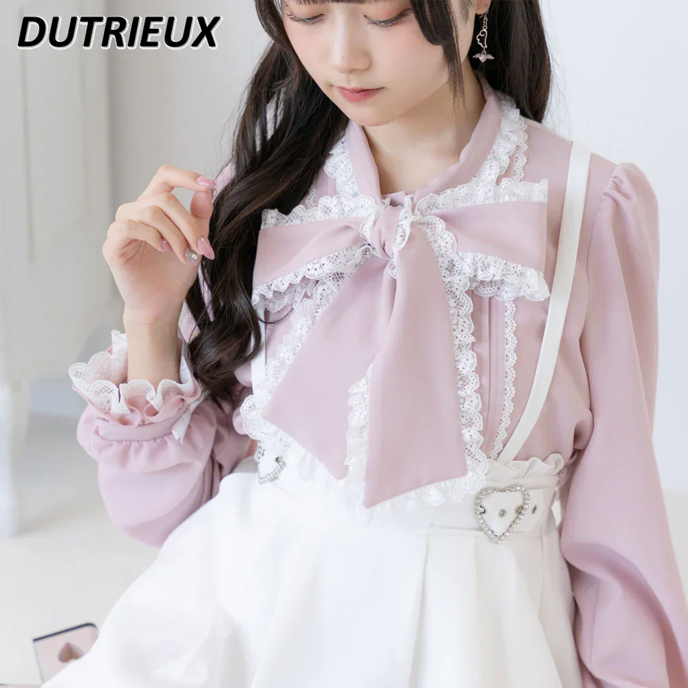 ญี่ปุ่น Lolita สไตล์อเนกประสงค์หวานสบายๆเสื้อโบว์ใหญ่ขอบลูกไม้สีทึบ Bottoming เสื้อแขนยาวสําหรับผู้หญิง