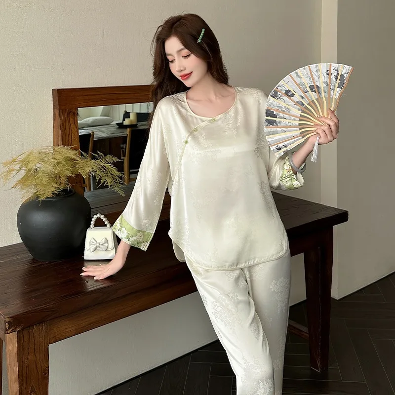 2026 Spring Summer New Chinese Style Women Sleepwear Long Sleeved Lace Ice Silk Set Simulated Silk Satin Jacquard Home Suit