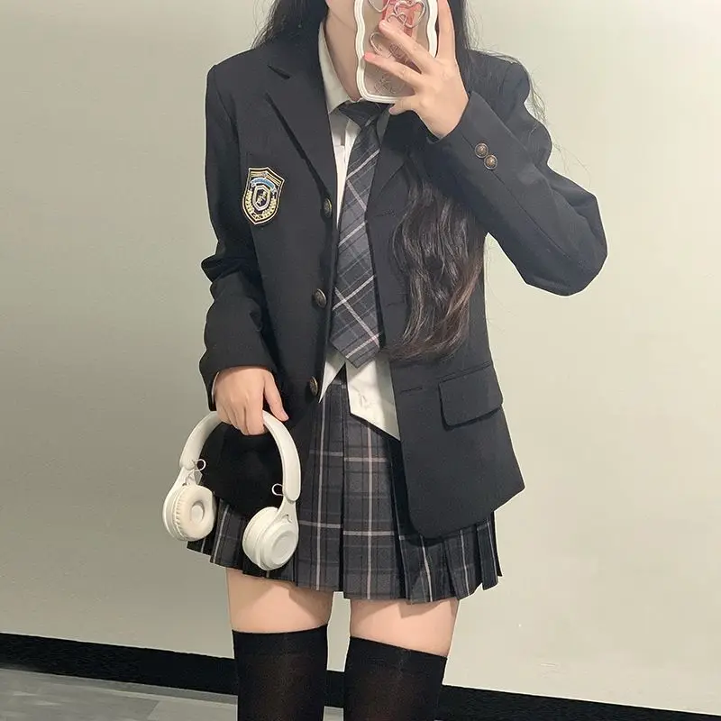 Japanese School Uniform JK Suit Girls Long Blazer Tie Plaid Skirt White Shirt Medal Five-piece Women Sexy Spring and Autumn Suit