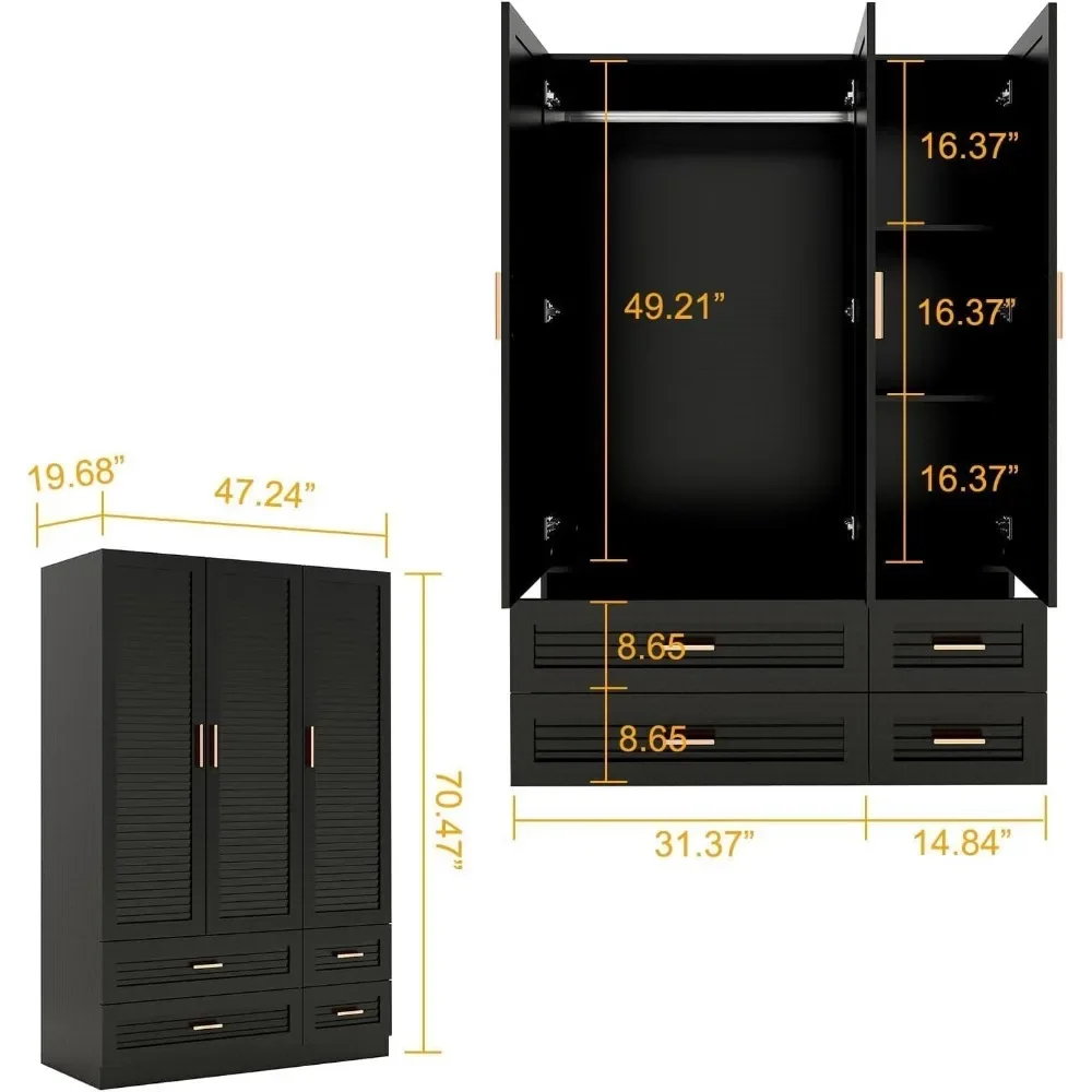 Wood Armoire Wardrobe Closet Armoires Wardrobe Cabinet with 3 Door 4 Drawers Tall Wardrobe Closet Storage with Shelves and