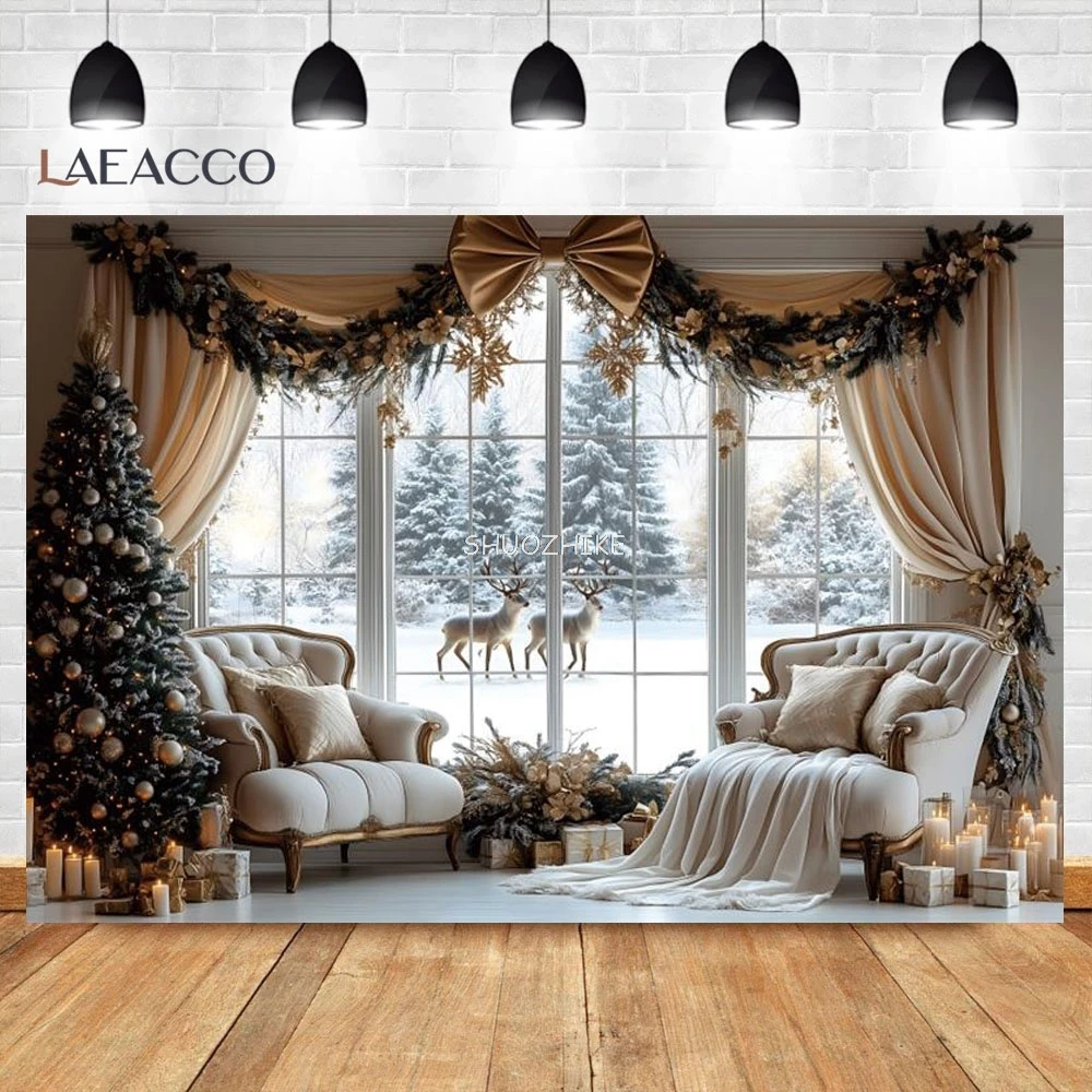 عيد الميلاد الأيائل التصوير خلفية نافذة خارجية الثلوج الشتاء العجائب الأسرة الاطفال عيد الميلاد عطلة ديكور خلفية استوديو الصور
