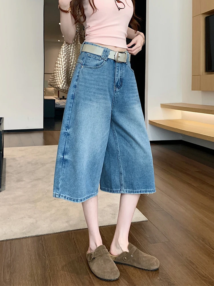 

Summer 2026 High Waist Loose Washed Seven-Foot American Retro Denim Pants Women's Chic Casual Wide Leg Jeans Blue Casual