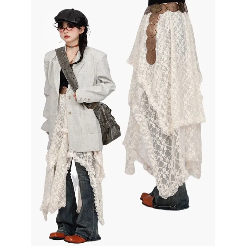 Pencil Skirt Women's Layered Asymmetrical Lace Bohemian Drape New Comfortable Casual Minimalist Fashionable Niche Versatile Chic