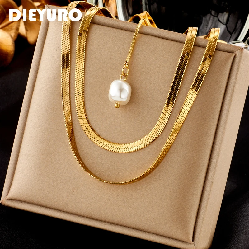 DIEYURO 316L Stainless Steel Gold Color Extra Long Flat Snake Chain Pearl Pendant Necklace For Women Girls Fashion Jewelry Gifts