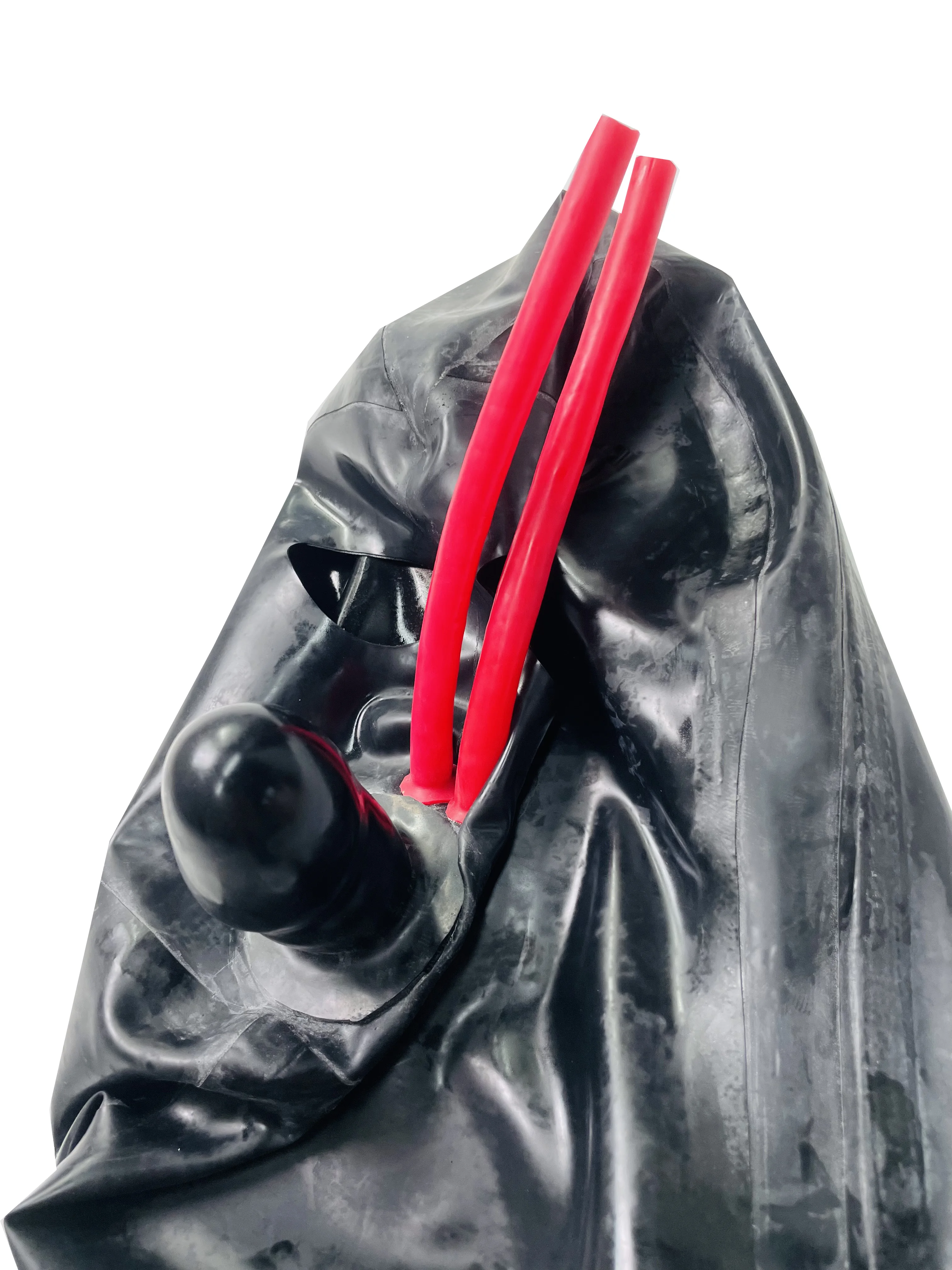 라텍스 구미 마스크, 내부 5cm 시스, 15cm 길이, 코 튜브 오픈 아이