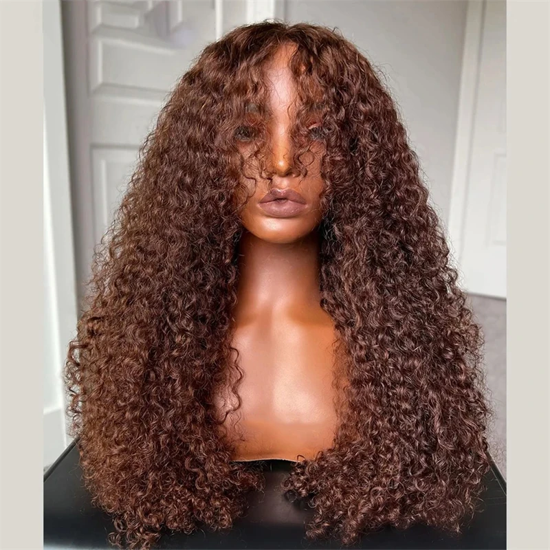 

Soft 180Density 26”Long Brown Kinky Curly Machine Wig With Bangs For Women Babyhair Preplucked Glueless Heat Resistant Daily