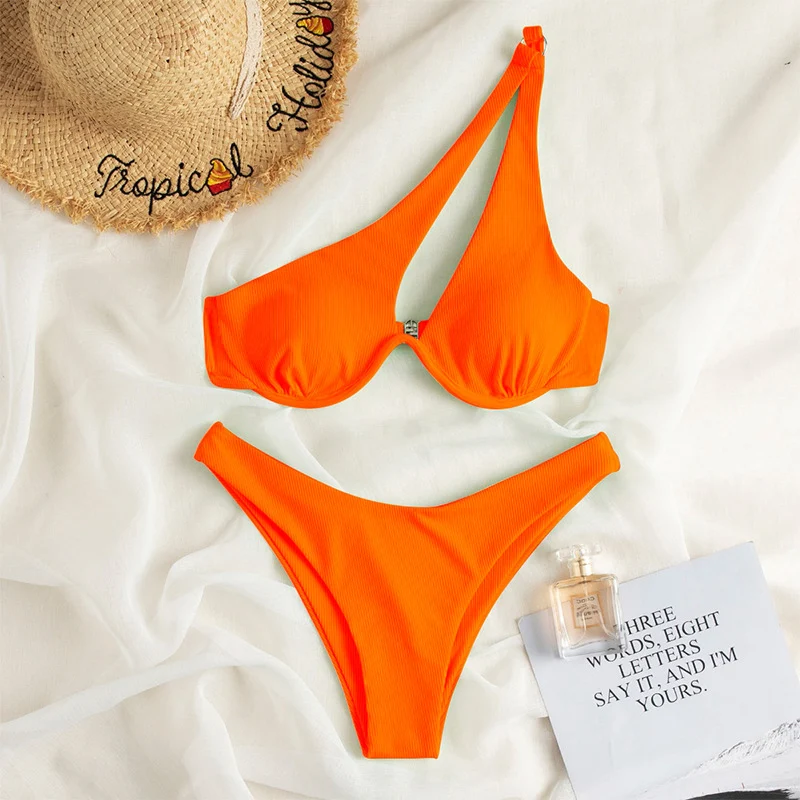 Sexy One Shoulder Hollow Out Bikini Set Solid Women's Swimsuit  2024 New Push Up Swimwear Low Waist Triangle Backless Bath Suit