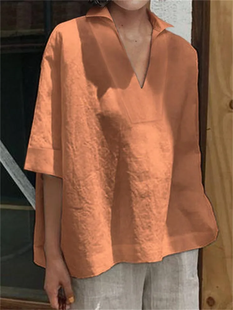 New Turn-down Collar Blouse Women Shirts Elegant Half Sleeve Cotton Linen Solid Loose Casual Office Shirt Tops