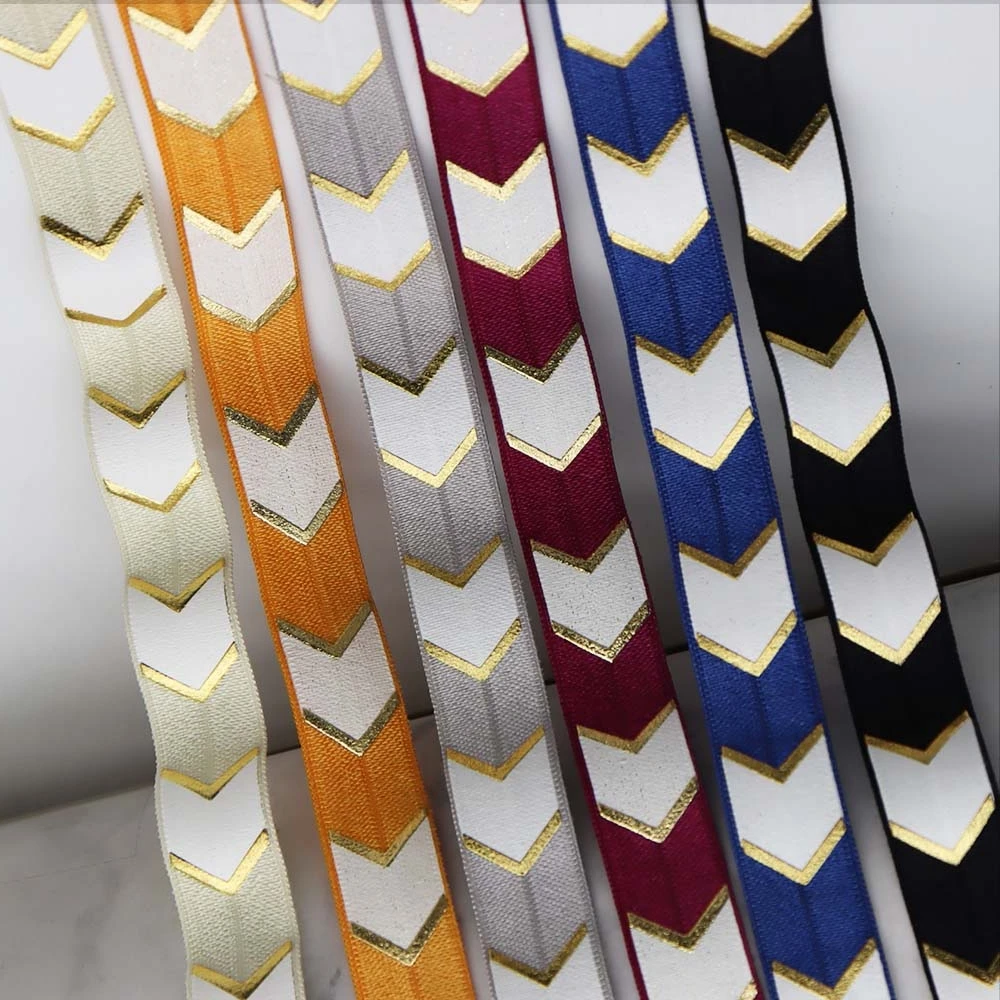 

15mm Gold Silver Foil Big Chevron Printed Fold Over Elastic FOE Ribbon For Ponytail Hair Accessories Headwear DIY Sewing