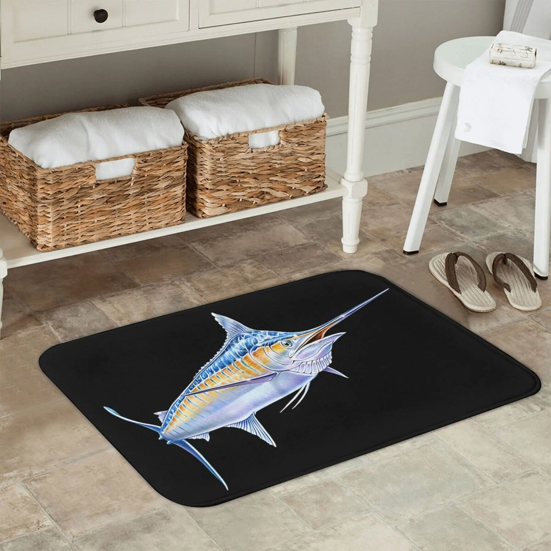 VIKAMA Marlin Fish Doormat Black Background Swordfish Print Non Slip Floor Mat For Entryway Bathroom Indoor Home Decor