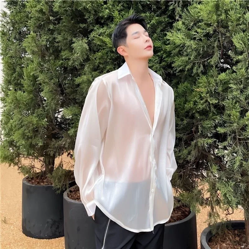 Men's Long Sleeve Sheer Mesh Shirt European Spring Summer Casual Fashion Sexy Solid Color Simple Male Sunscreen Shirts