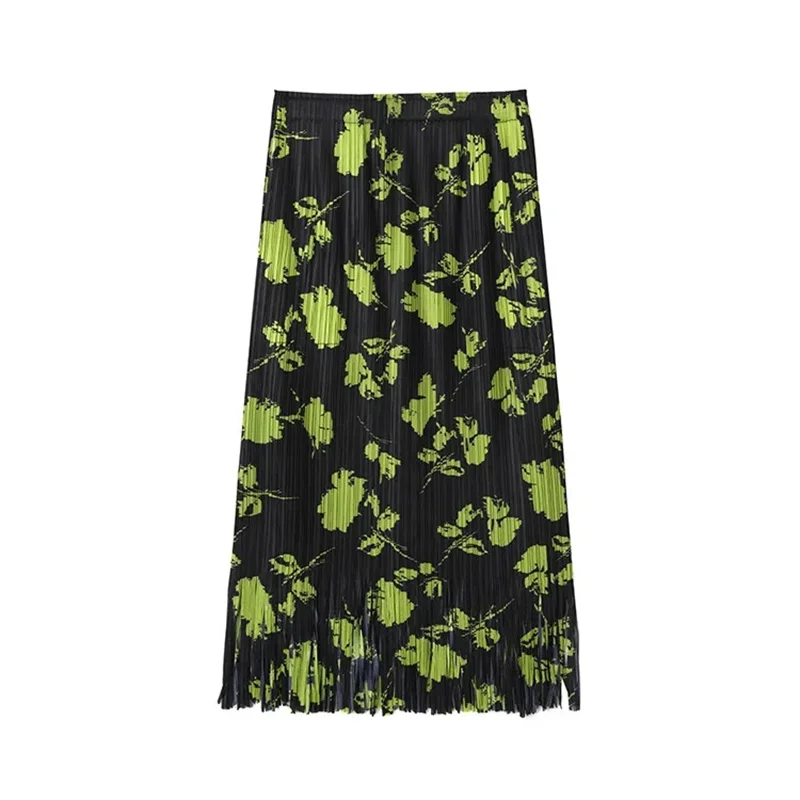 Woman Clothing Miyake Design Sense Printed Tassel Skirt Women's Spring High Waist Loose Fold Over Skirt Medium and Long Section