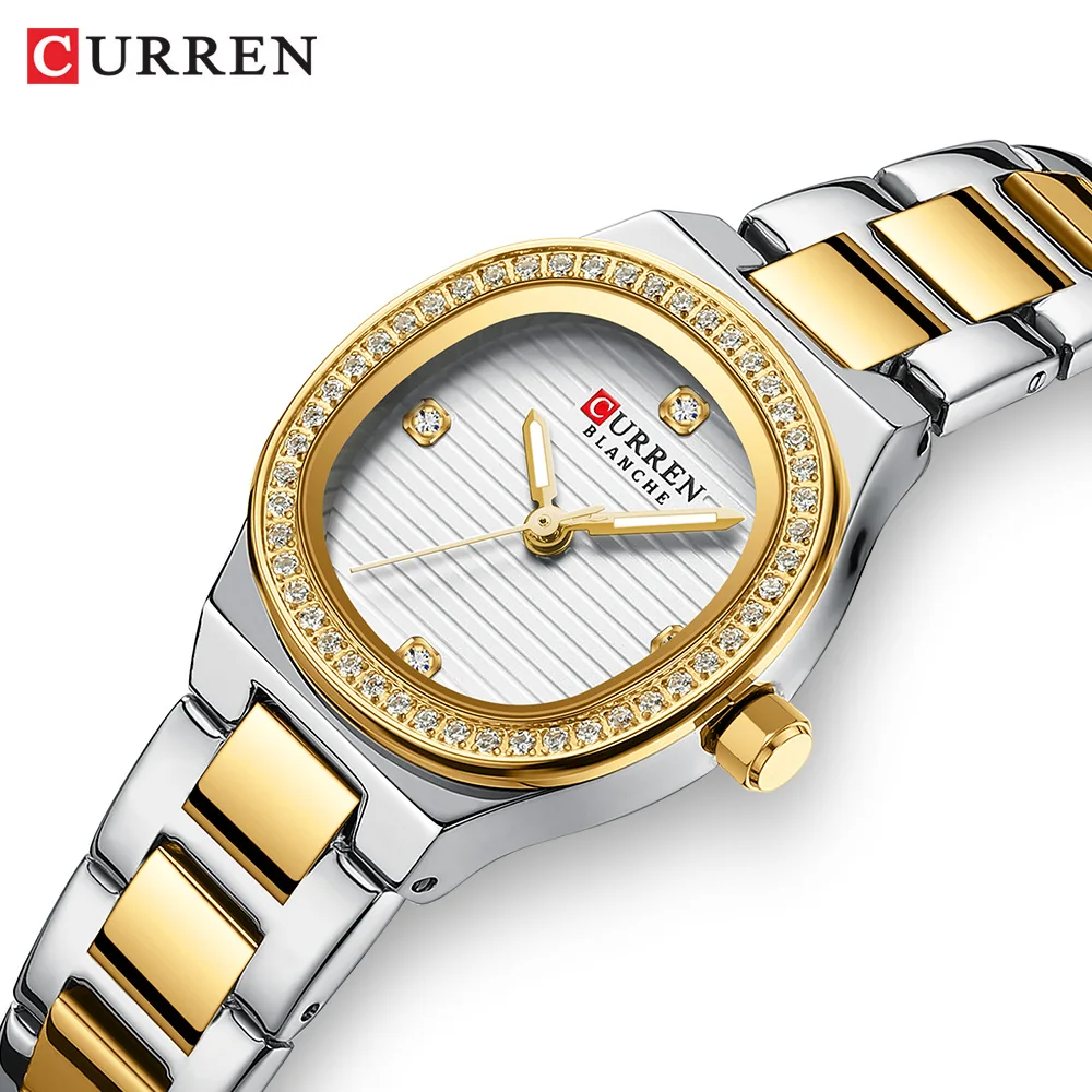 CURREN arloji Quartz kasual untuk wanita, jam tangan mode sederhana gelang baja tahan karat dengan tangan bercahaya