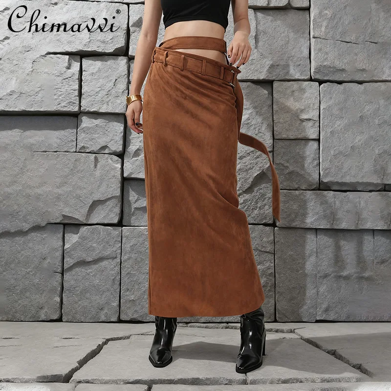 

French Style Elegant Vintage Commuter Bodycon Skirts High Waist Belt Slim Fit Slit Temperament Versatile Long Skirt Women Autumn