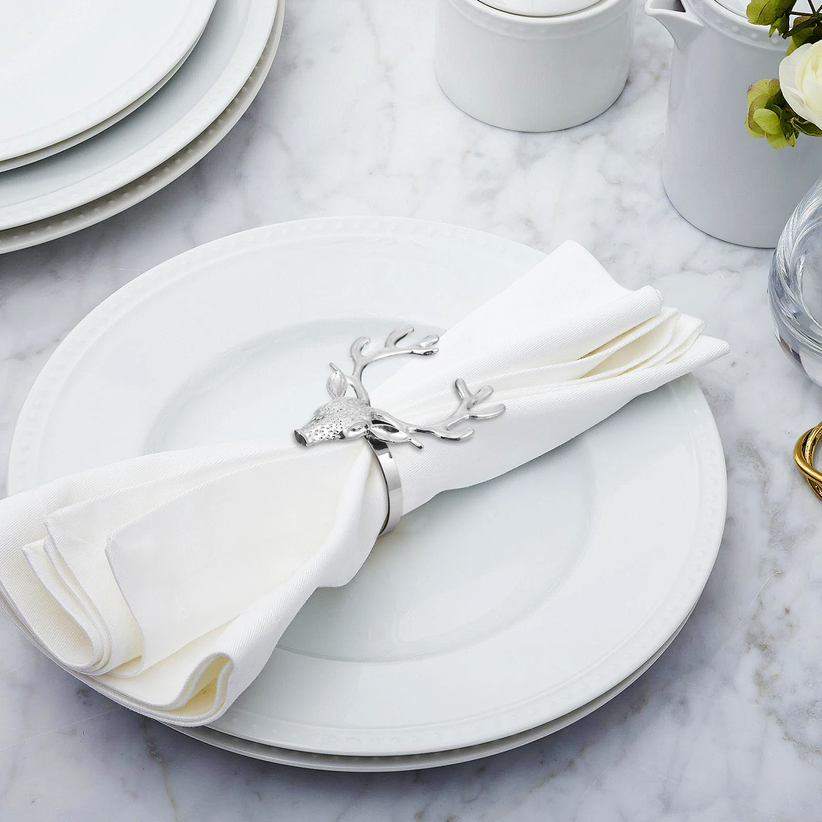 

4pcs Silver Deer Head Napkin Buckle Rings Alloy Elegant Tableware Party Decorations Dinner Accessories Kitchen Bar
