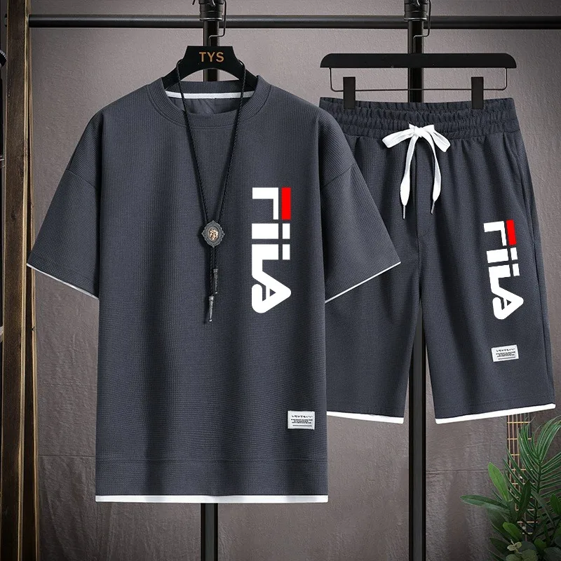 

Men's Fashion Printed T-Shirt & Shorts Set, Summer Waffle Sports Casual Outfit, Comfortable Breathable Two Piece Tracksuit