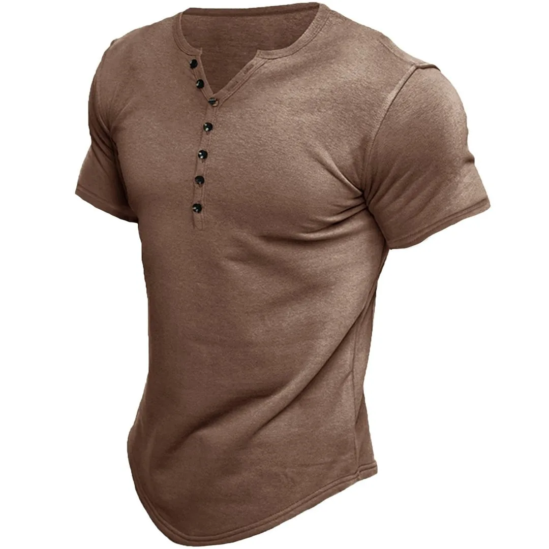 

New Cotton Men's T-shirt Summer Solid Men Short Sleeve Button Henley Neck Casual Tees Outdoors Casual Sports Tees Streetwear