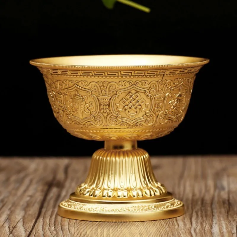 Tibetan Alloy Tall Water Offering Cup Eight Auspicious Embossed Religious Worship Bowl Shrine Desktop Ritual Craft Ornament