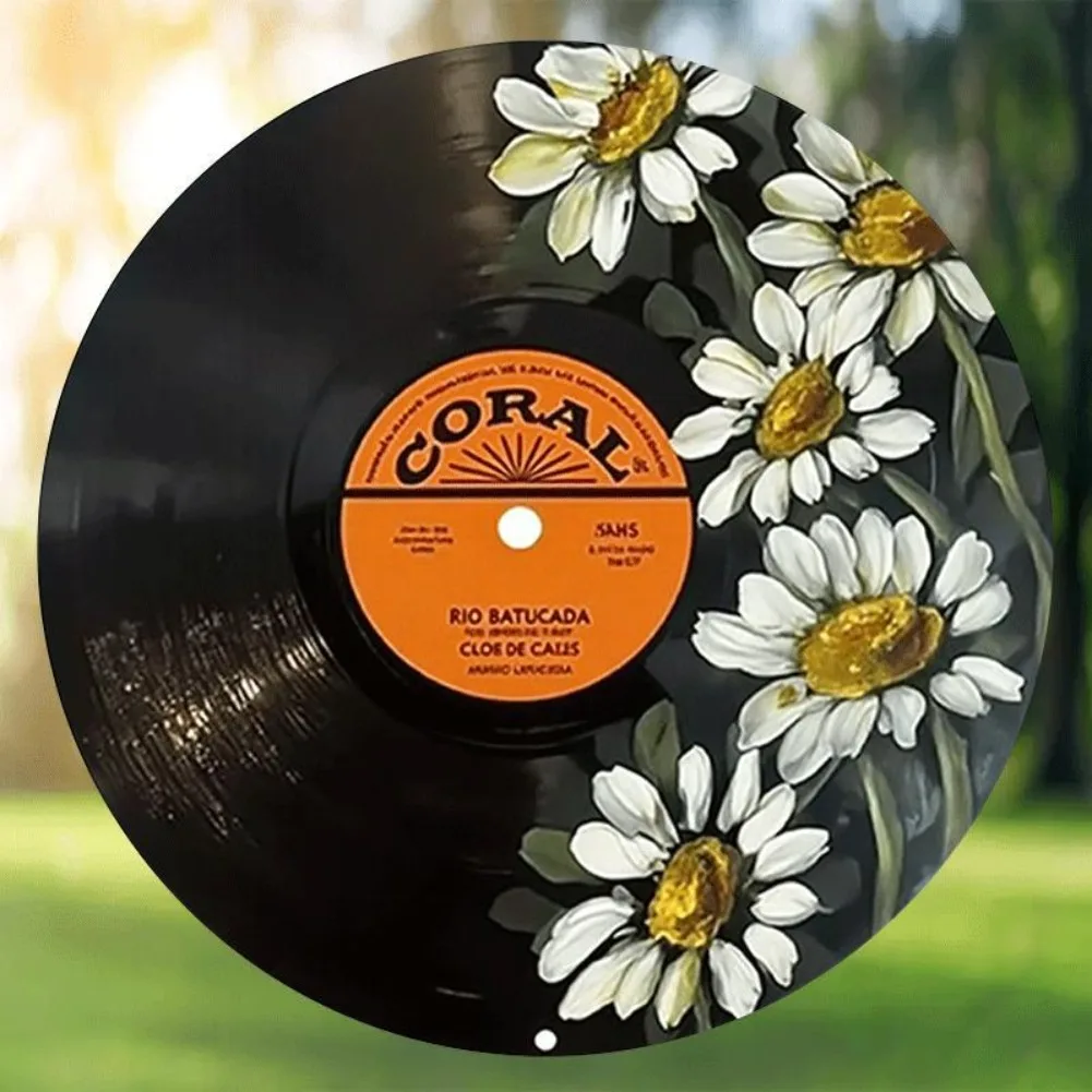 Vintage Coral Vinyl Record Daisy Floral Round Metal Sign 2D Flat Retro Music Wall Decor