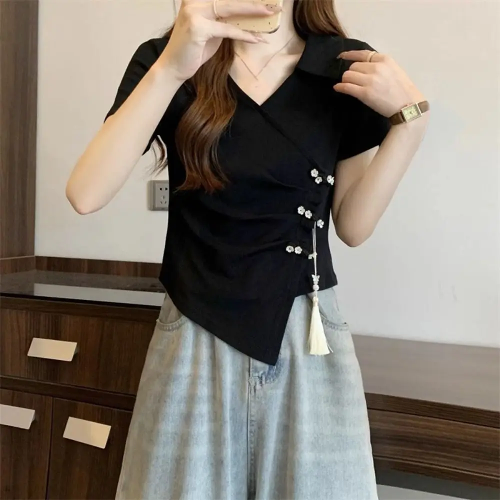 

Tassel Pendant Irregular V-neck T-shirt Lapel Chinese Style Women's Slim Crop Tops Streetwear Flower Button