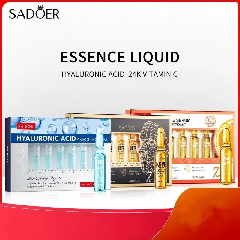 7pcs SADOER Ampoule Vitamin C 24K Gold Hyaluronic Acid Serum For Face Moisturizing Brightening Hydrating Facial Essence
