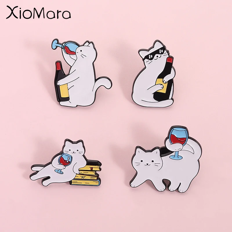 Katze Rotwein Emaille Pin Niedliche Weinkultur Niedliche Katze Brosche Revers Rucksack Abzeichen Schmuck Geschenk