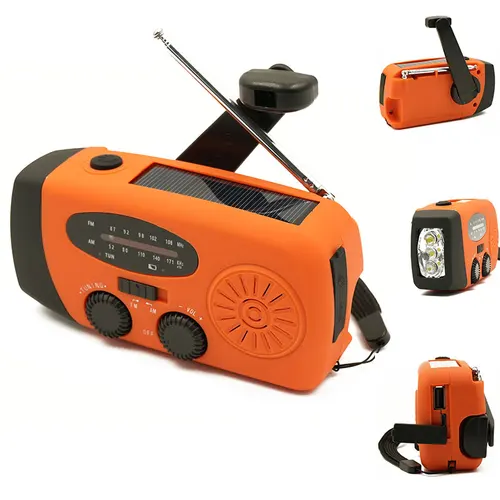 Imagen 2 del producto Radio portátil pequeña con manivela solar, radio AM/FM, batería de 2000 mAh, carga USB tipo C, con linterna de 3 LED, radio de emergencia.