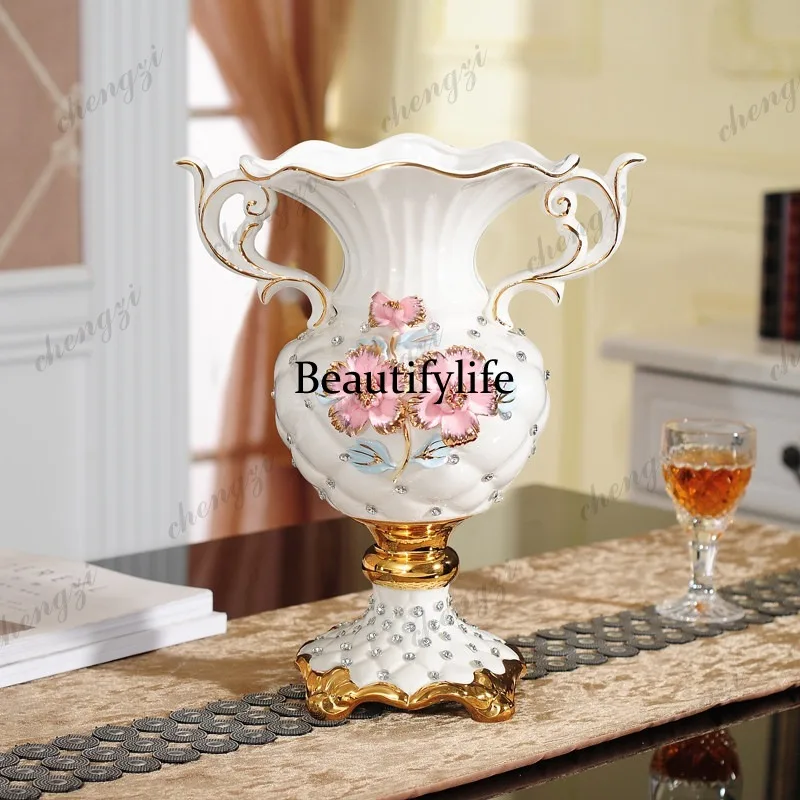A95European ceramic vase living room dining table indoor wide mouth flower dried flower arrangement handmade countertop ornament