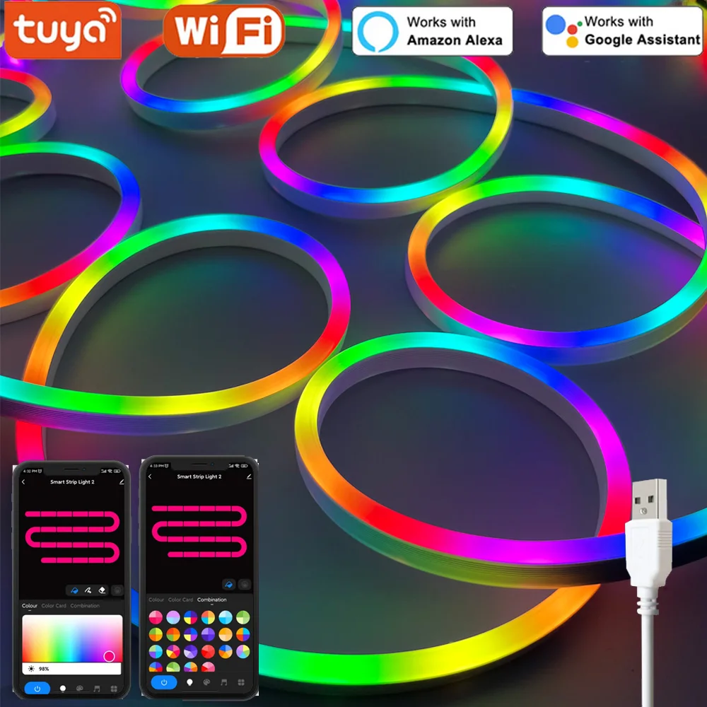 

USB RGBIC Neon LED Strip Lights Tuya Wifi Addressable Neon Rope Waterproof Dimmable Flexible Tape TV Room Night Light Decoration