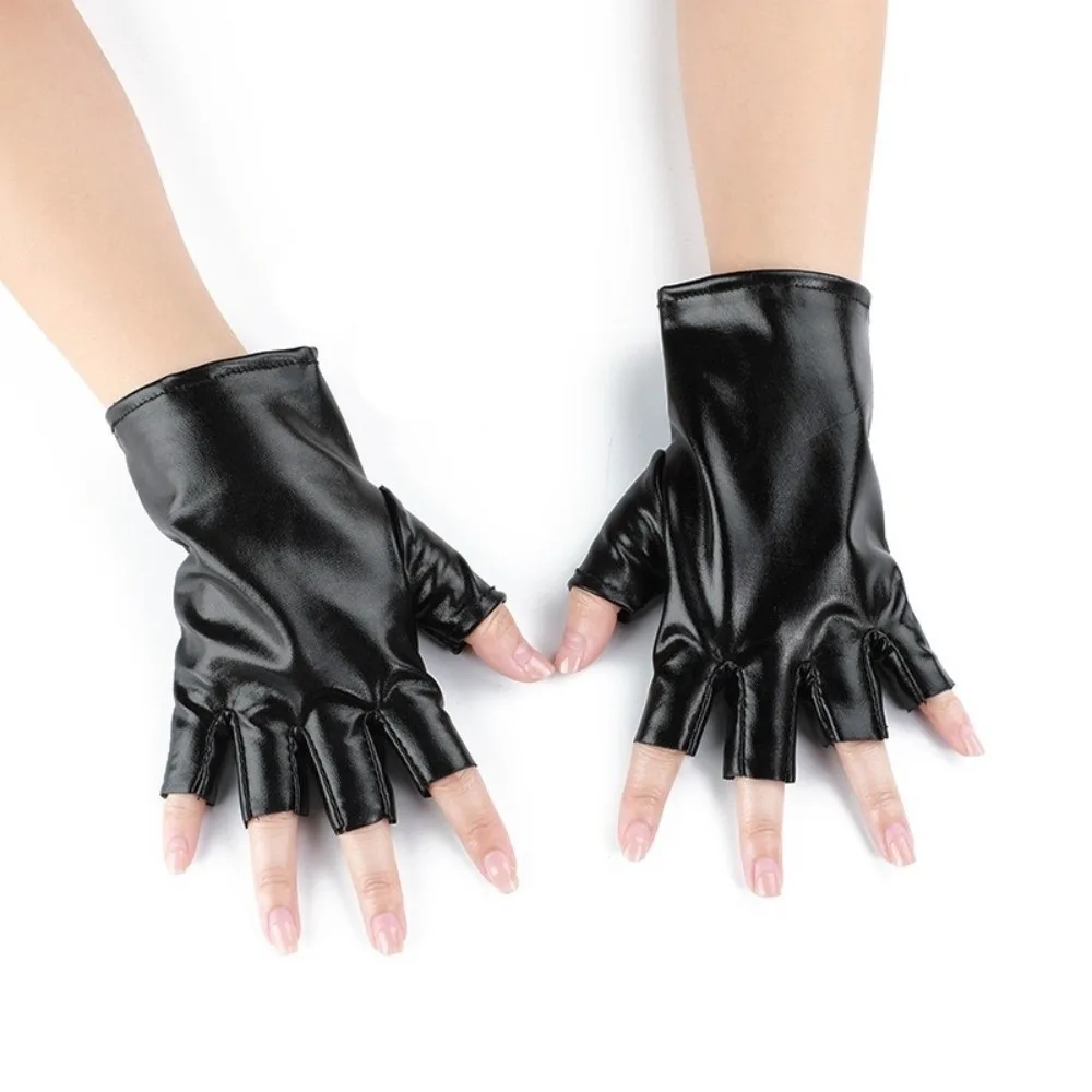 

Fashion Glossy Finish Half Finger Gloves Punk Style Imitation Leather PU Leather Gloves Performance Gloves Hip Hop Performance