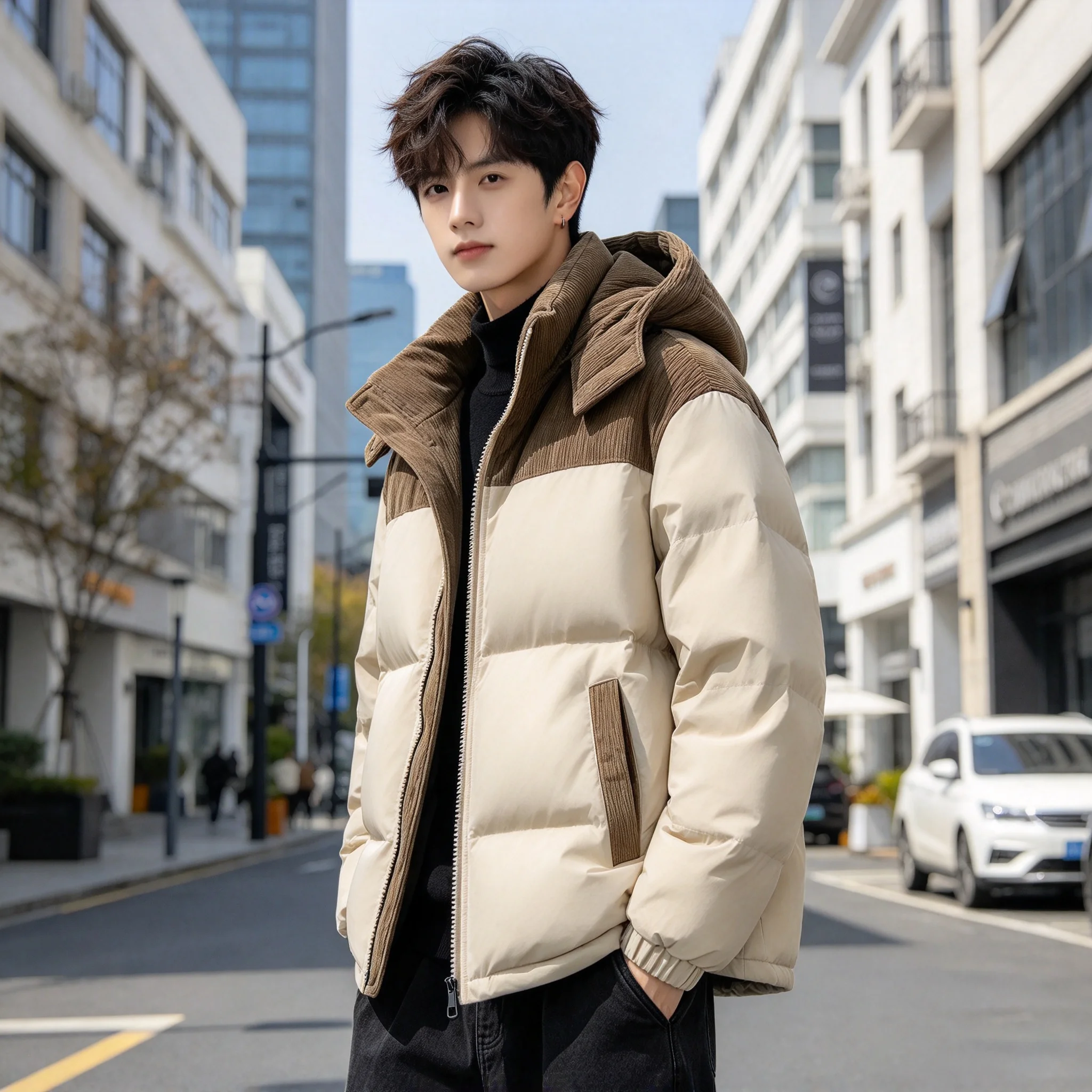 Men's Winter Jacket Hooded Casual Warm Cotton Jacket Thickened Fleece Lined Zipper Front Parka Winter Cold-Proof Coat