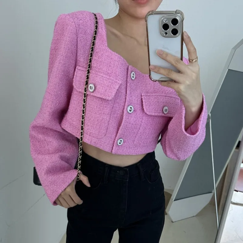 Korean Women Fashion Short Tweed Jacket Women 2024 Autumn Elegant Square Collar Female Single-Breasted Slim Outerwear