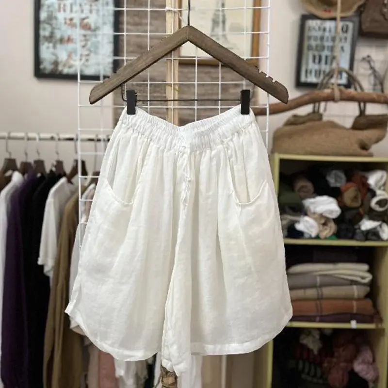 

High Waist Cotton Linen Shorts Women's Summer Thin Elastic Wide Leg Pants A-Line Casual Five-Quarter Length Commute Style