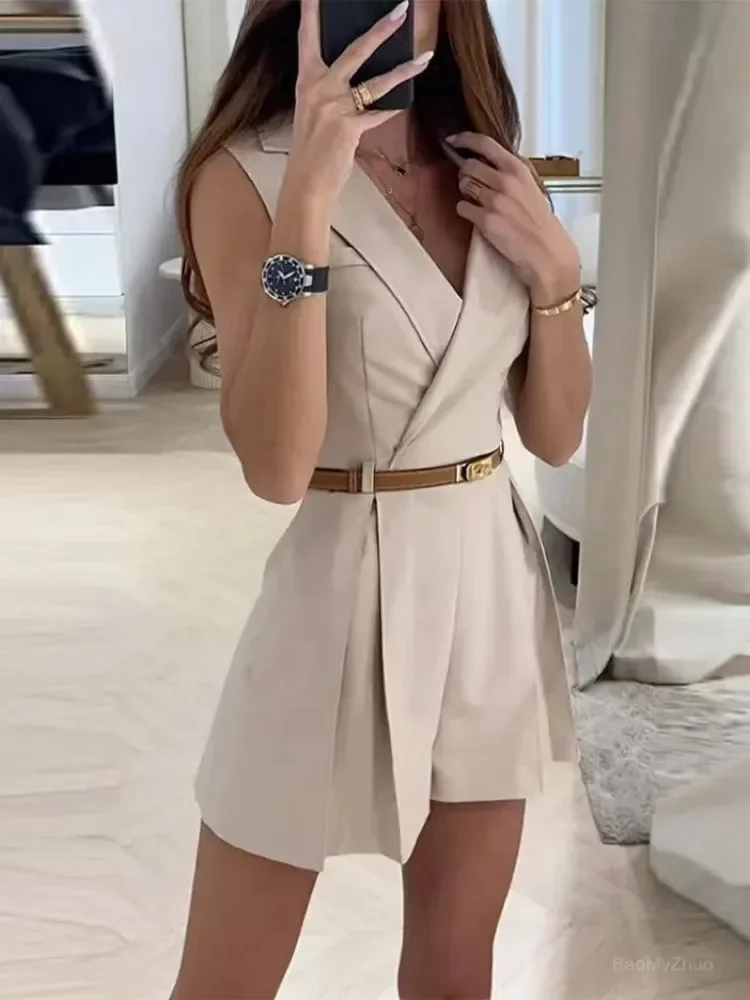 Macacão elegante feminino com cinto, sem mangas, gola virada para baixo, fino, curto, primavera, verão, Lady Romper, feminino, moda, 2022