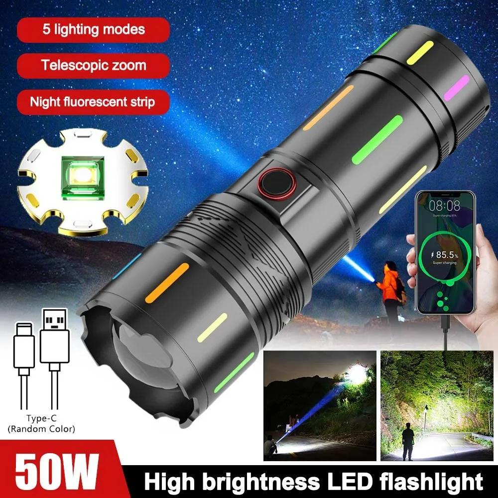 Powerful White Laser LED Flashlight Built-in Battery Type C Rechargeable Zoom Torch Outdoor Tactical Handlamp for Camping Hiking