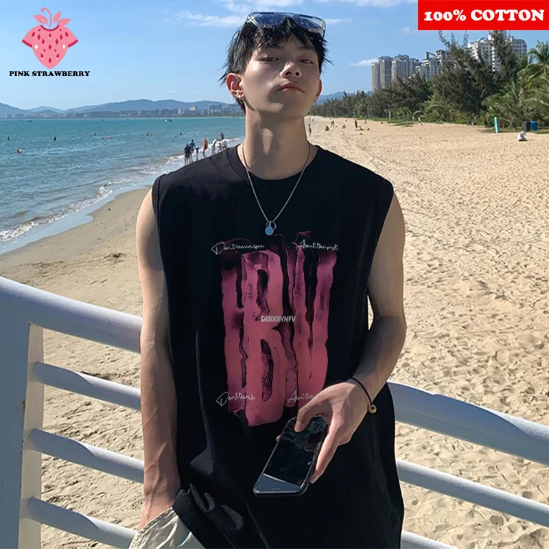 

100% Cotton Sports Vest T-shirt Men Summer 2025 New American Street Letter Print Swim Run Shirt sleeveles Vest Quick Dry Y2k Top
